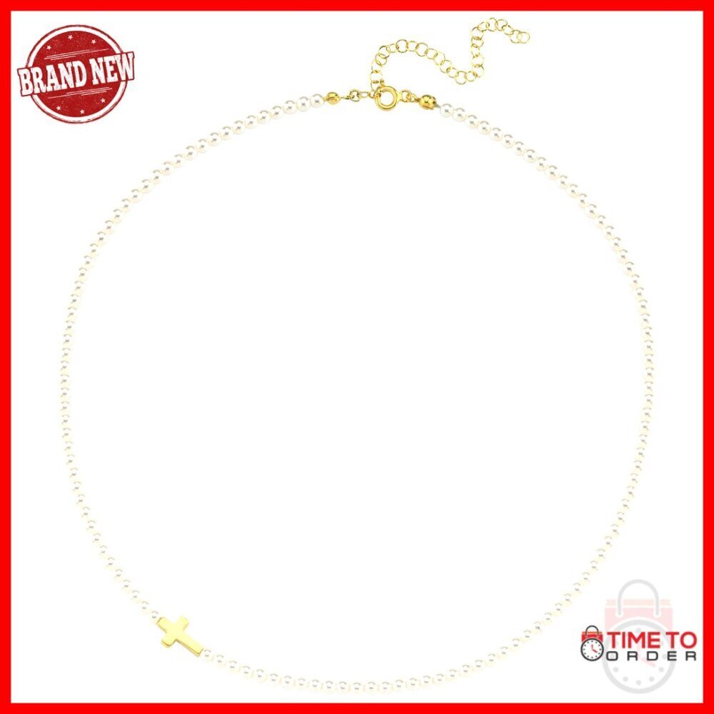18K Gold Vermeil Sideways Cross Pearl Necklace, Adjustable Dainty Jewelry